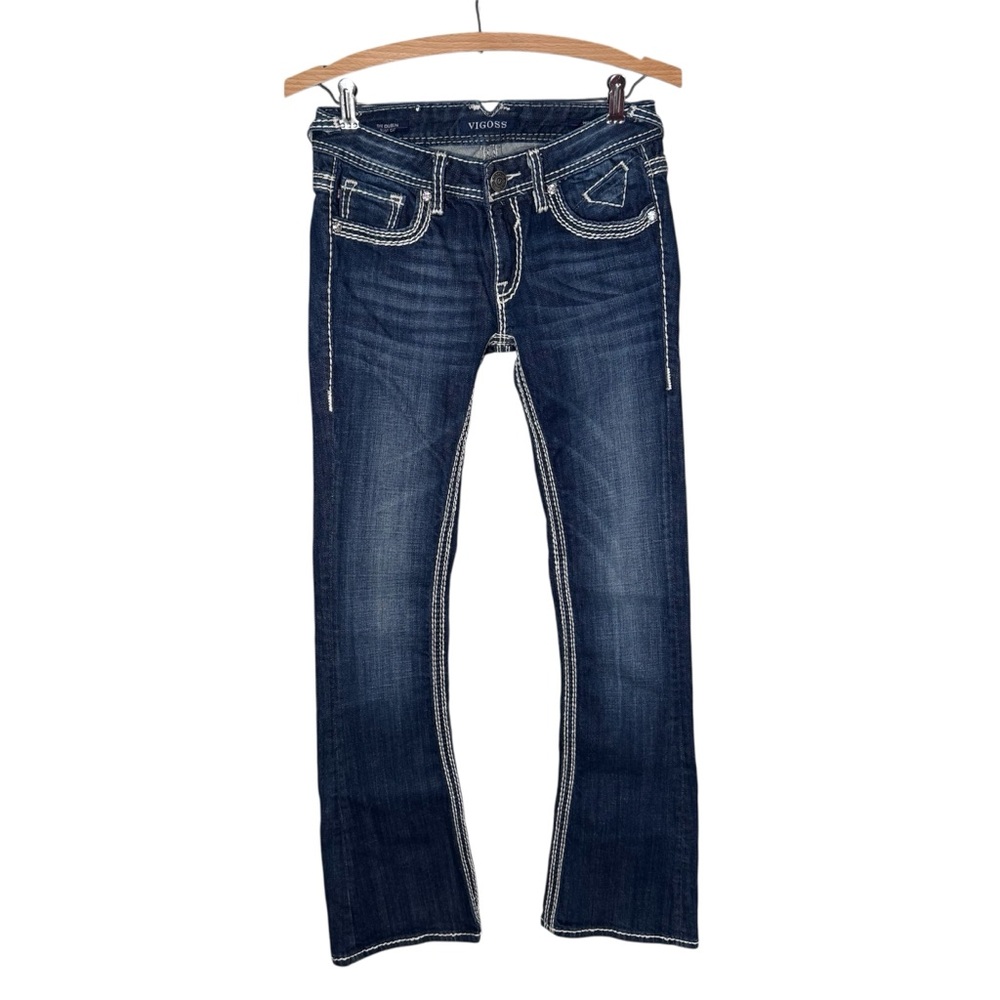 Vigoss Y2K Dark Blue Low Rise  Boot Cut Bling Contrast Stitching Rocker Jeans